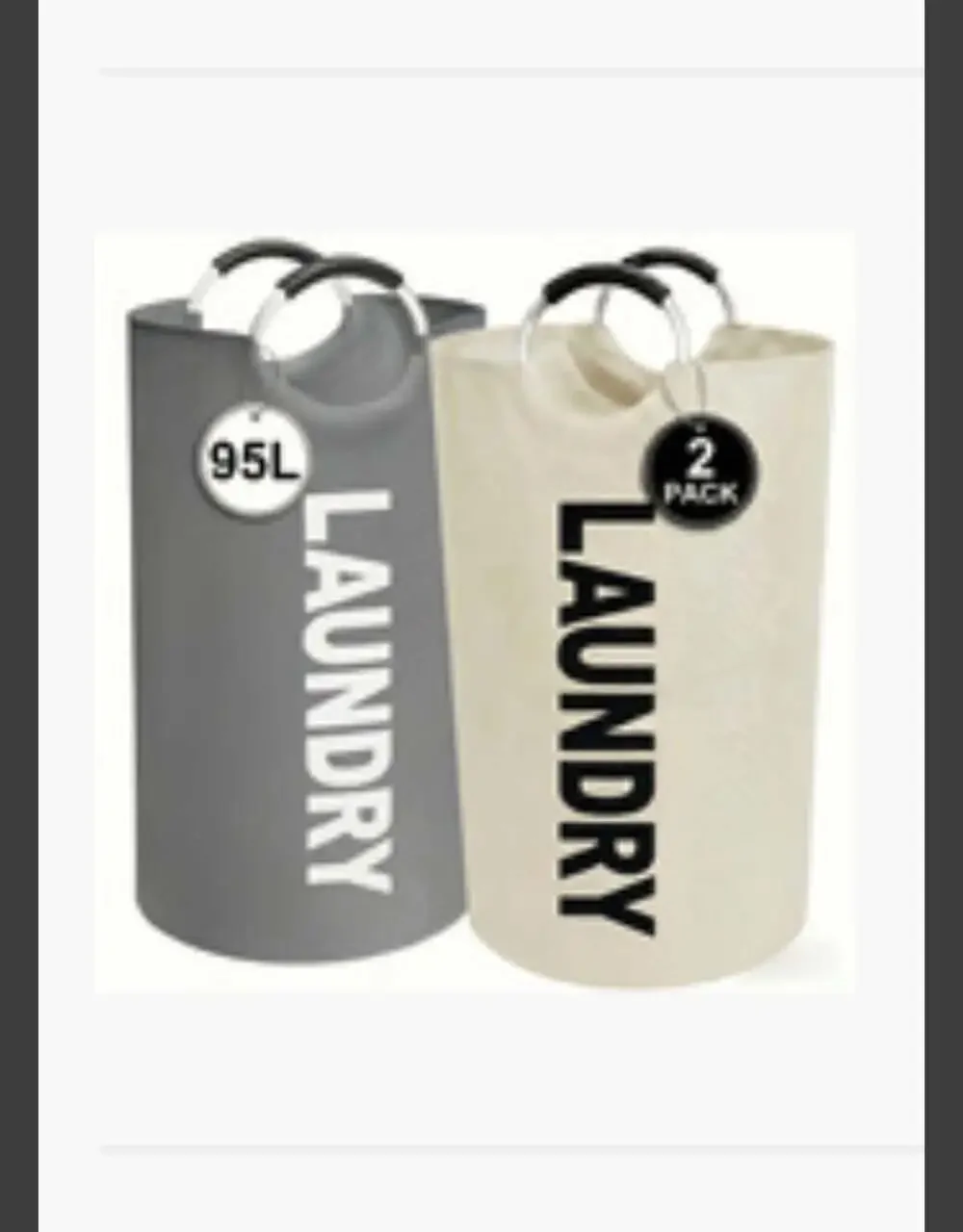 2-Pack Large Foldable Laundry Basket 95L with Half Ring Handles